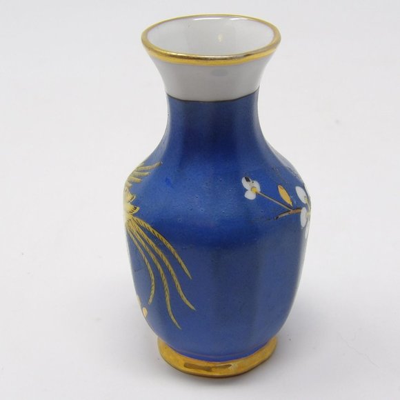 Vintage Oriental Porcelain Vase Blue with Yellow Pheasant Bird Gold Accents and - Picture 3 of 10